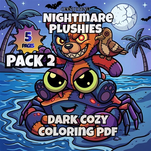 Nightmare Plushies Coloring Pages – Pack 2, Kawaii Dark Cozy Monsters (PDF Download)