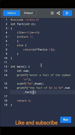 Recursion c language programming code of factorial code by using recursion method #recursion