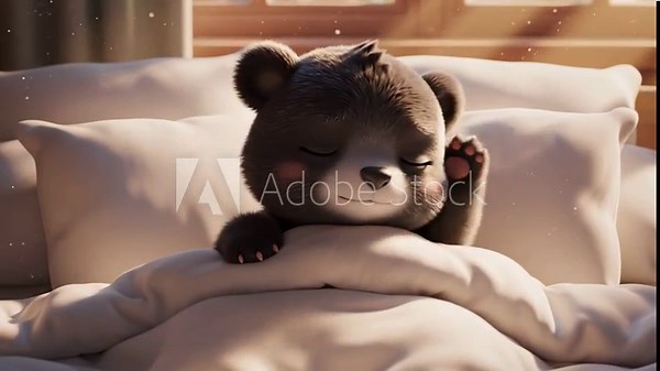 Cute cartoon bear sleeping in bed. Adorable animated character resting with closed eyes. Cozy morning scene.
