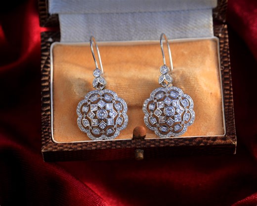 Belle Epoque Earrings, Round Floral Hook, White CZ, Discreet Vintage Style, 1920s, Wedding, Rhodium Plated, Lightweight