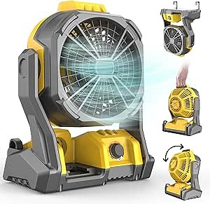 Cordless Jobsite Fan for Dewalt 20V Battery, Portable Camping Fan with LED Lantern & Hanging Hook, Adjustable Speed & Auto Oscillating, Outdoor Fan for Travel RV Garage Tent, IP54, Bare Tool Only