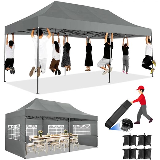 COBIZI 10x20 Heavy Duty Pop up Canopy Tent with 6 sidewalls Easy Up Commercial Outdoor Canopy Wedding Party Tents for Parties All Season Wind & Waterproof Gazebo with Roller Bag,Gray(Frame Thickened)