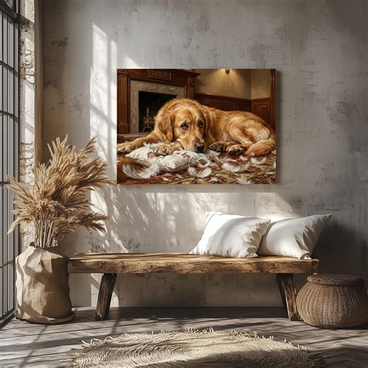 Golden Retriever Feather Mess Canvas Wall Art Realistic Oil Painting Large Living Room Decor - Etsy