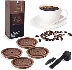 Reusable Coffee Capsule Lids for Original Nespresso Vertuoline Pods, Food Grade Silicone Caps for Refillable Nespresso Vertuo Pods with Scoop and Brush, 4 PCS(Brown)