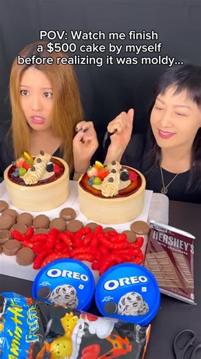 Kim&Liz on Instagram: "Watch me finish a $500 cake by myself before realizing it was moldy… #food #eating #cake #mukbang #dessert #chocolate #asmr"