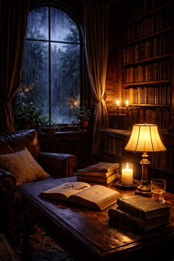 Thunderstorm in an old library 🌧️ Rain & Storm Ambience
