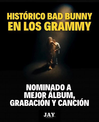 🏆 Bad Bunny hace historia en los premios Grammy al convertirse en el primer artista de habla hispana nominado al mismo tiempo a Álbum, Canción y Grabación del Año. 🎶 Su sexto disco, “Debí tirar más fotos”, también le dio nominaciones a Mejor Álbum de Música Urbana, Mejor Portada y Mejor Actuación Global de Música. 🇵🇷 El artista continúa destacando la cultura puertorriqueña y la música jíbara, combinando folclore, orgullo cultural y resistencia política en su nuevo álbum. ✨ Con estas seis nom