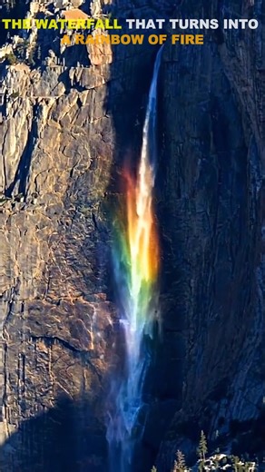 THE WATERFALL THAT TURNS INTO A RAINBOW OF FIRE 🌈🔥 For a few minutes each year, this ordinary waterfall looks like it’s pouring liquid light down a granite wall. What’s happening is pure optics. As the sun sets at just the right angle, its light passes through the falling mist. The droplets split the sunlight into colors, and from the right viewpoint it lines up vertically .. creating the illusion of a glowing rainbow stream. You can witness this rare alignment at Horsetail Fall in Yosemite Na