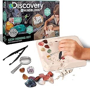 Discovery™ Gemstone Mining Kit - Excavate Real Gems & Rock Minerals, Fun DIY STEM Experiment, Educational Geology Activity Toy, Safe Non-Toxic Kids Learning Set Gift, Chisel Magnifying Glass Tools