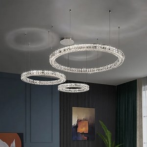 [Hot Item] Home Decor Rings High Ceiling Hanging Lamp LED Round Modern Luxury K9 Crystal Restaurant Dining Room Living Room Chandelier Pendant Lamp