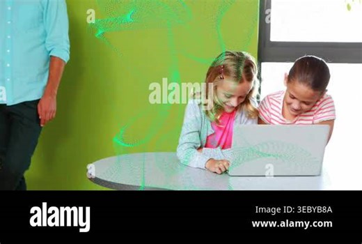 Two girls collaborating on laptop in class, teacher leaving and green particles passing around them. Students, computer, collaboration, learning, desk, classroom, glass Stock Video Footage - Alamy