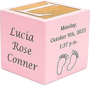 Personalized Wood Baby Birth Block, Choose from 3 Sizes, Solid Hardwood, Laser Engraved, New Baby Gifts, Newborn Gifts (3" Pink)