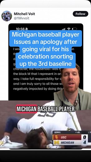 Kevin Clancy on Instagram: "Michigan baseball player Issues an apology after going viral for his ❄️⛷️celebration snorting up the 3rd baseline"
