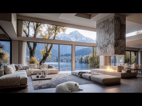 Dreamy jazz in the living room of a luxury lakeside apartment - smooth jazz crackling fireplace