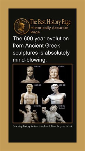 History doze on Instagram: "Over roughly 600 years, Ancient Greek sculpture evolved from stiff, symbolic figures into breathtakingly realistic human forms. Early statues were rigid and stylized; later works revealed muscle tension, weight shift, emotion, and motion. This wasn’t just artistic growth—it was a revolution in how humans saw themselves. By studying anatomy and movement, Greek artists turned stone into living presence, setting the foundation for Western art for millennia. 👉 Follow @hi