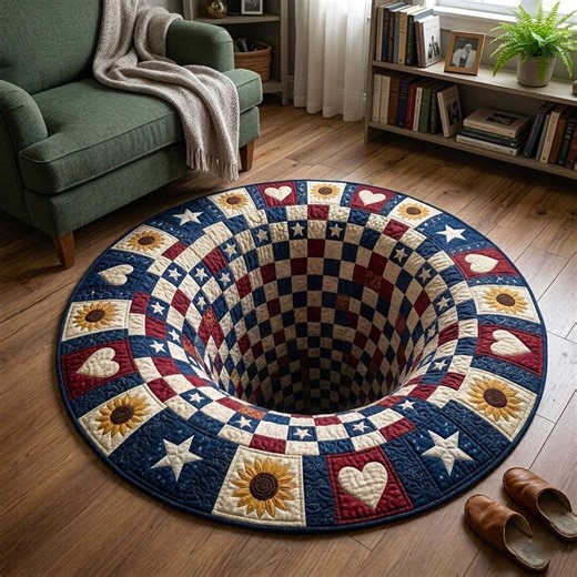 3D Illusion Round Rug, Patriotic Quilt Round Mat, Sunflower Heart Patchwork Rug, Optical Hole Carpet, Farmhouse Living Room Decor Rug - Etsy