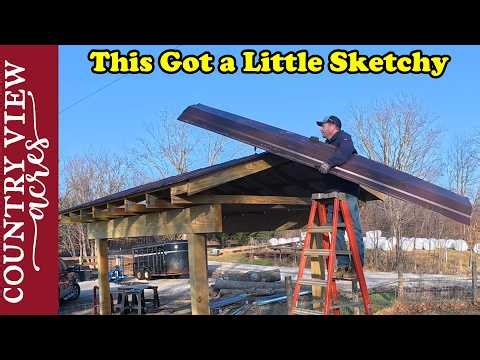 Installing Metal Roof on Fenceline Hay Feeder. Roll Bending for Curved Feeder Panel.