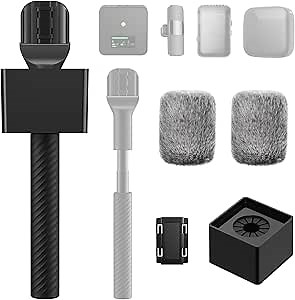 TONOR Wireless Mic Handle Compatible with DJI, RODE, Hollyland, Adjustable length Microphone Stand for ALL Lavalier Mic, Channel Flag Box, Rubber Grip, Wind Muff for Vlog, Reports, Interview, TP40