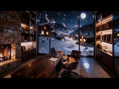 Cozy Winter Library Ambience ❄️ Fireplace & Snowfall at Night 🌙 Focus & Sleep (4 Hours)