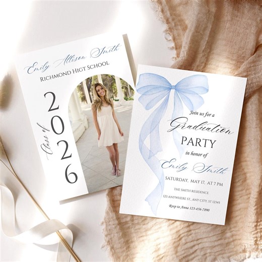 Blue Bow Graduation Photo Invitation 2026 Watercolor Coquette Bow Party Card Canva Template Digital Download - Etsy