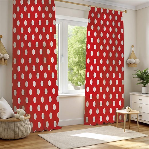 Red Polka Dot Window Curtains, White Large Dots Nursery Drapes, Living Room Decor Curtain, Vibrant Red Kitchen Curtains, Kids Room Curtain - Etsy