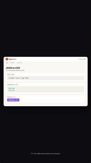 JSON to CSV — Free Online Tool | TinyTool.cc