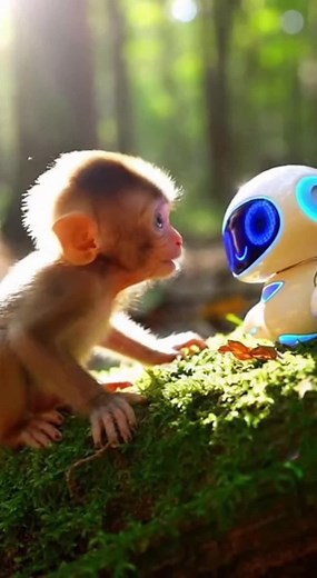 baby monkey with robot 😂😂 #fyp #ai #sora #monkey #viral