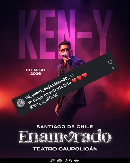 Ken-Y on Instagram: "Y tu… Estás listo? 31.enero.2026 / Enamorado/ Ken-Y / Teatro Caupolicán/ Chile 🇨🇱"