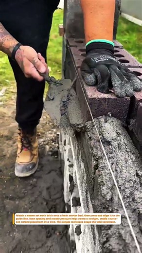 Bricklaying in Action: A Clean Mortar Bed and Precise Block Placement #Masonry #Brickwork #BuildPro