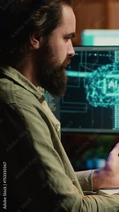 Vertical video Sentient AI gains humanoid form inside computer, waving hand, greeting its creator. Self aware artificial intelligence saluting programmer after becoming autonomous and achieving