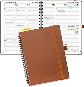 POPRUN 2023-2024 Diary Week to View 22 x 16.5 cm - Weekly Diary A5, Monthly Tabs, Vegan Leather Soft Cover,Brown