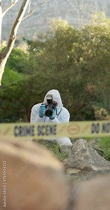 Photography, evidence and person on crime scene for investigation, inspection and proof documentation. Forensic photographer, tape and pictures for observation for problem solving and case research.