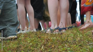 The audience is dancing at an open-air concert. Close view of the legs.