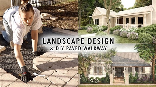 Cottage landscape design with DIY paved walkway ideas