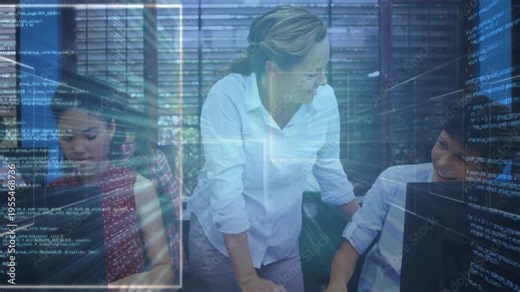 Teacher leaning, pointing at screen, teaching code to student high-fiving, overlay sweeping tech