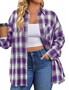 Fantaslook Plus Size Flannel Plaid Shirts for Women Long Sleeve Button Down Shirts Casual Loose Blouses Tops