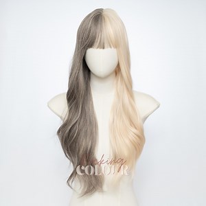 24-inch Split Colour Wig | Grey Blonde Wavy Synthetic Hair With Bangs - Etsy Australia