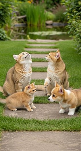 The Cat Family Meets A Corgi In The Garden