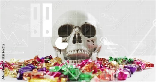 On cloud icon fading, skull model receiving data charts merging and pulsing for data visualization