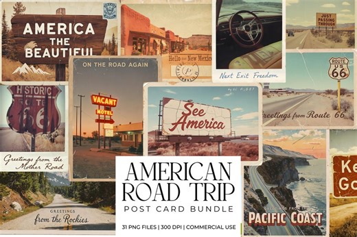American Road Trip Postcards Clipart Bundle Pngs, Vintage Travel Scrapbook & Journal Cards, Retro Route 66 USA Digital Art, Commercial Use - Etsy