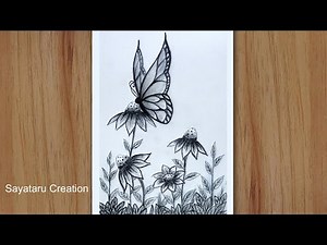 How to Draw a Butterfly on Flower step by step, Pencil Drawing for Beginners