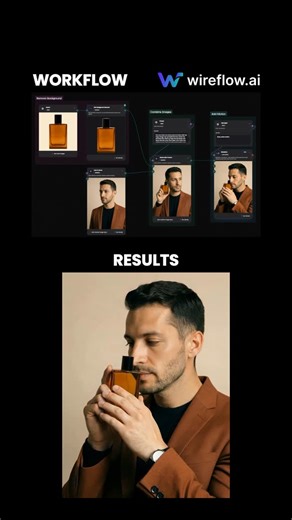 Wireflow AI on Instagram: "Follow and comment “WORKFLOW” for the full workflow. I turned a static product image into a professional brand photo using AI. How it was built 1. Started with a simple product image and removed the background. 2. Composited the product into a clean studio style portrait scene. 3. Refined lighting, realism, and consistency through a connected AI workflow. Built end to end inside @wireflowai No studio. No photographer. Just a clean AI workflow."