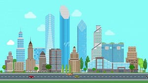 Flat cartoon city day looped animated. Business center with road highway avenue animated transport street traffic. Urban lifestyle collection.