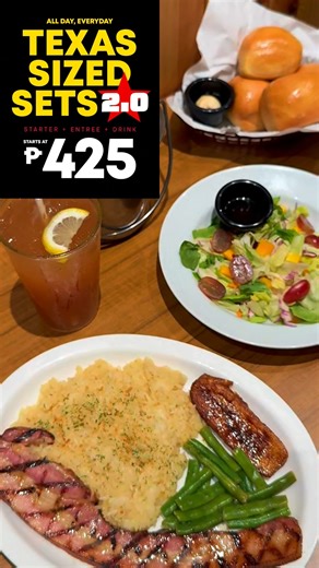 Cause you’re my Sunday to Saturday 🧡 All the essentials — bread, peanuts, starter, entrée, and drink — all starting at just ₱425! Texas-sized flavor, pocket-friendly too. 🔗 Skip the line, reserve online at texasroadhouse.com.ph or send us a message. 🍽️ Valid for dine-in only #TexasRoadhousePH #DineAtTexasRoadhousePH #ByTheBistroGroup | Texas Roadhouse Philippines