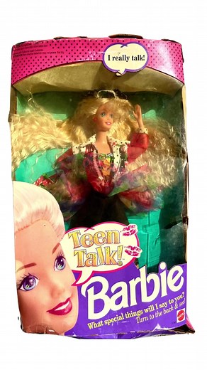 Remember the 1992 Teen Talk Barbie? Did you have her? She talks when her button is pushed. There was controversy about her because some of the dolls said, “Math class is tough.” That year the BLO - Barbie Liberation Organization - exchanged her voice boxes with a G.I.Joe action figure’s. *According to wiki: “Affected Teen Talk Barbies spoke phrases such as "Eat lead, Cobra!", "Attack!", and "Vengeance is mine!"*According to Wikipedia- the possible phrases Teen Talk said were: "Will we ever have