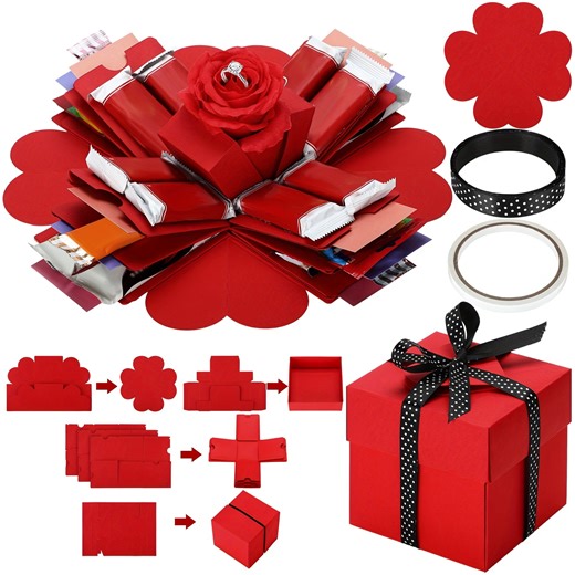 Explosion Surprise Gift Box Set with Black & White Polka Dot Ribbon, Layered Explosion Box with Heart Cutouts, Lid, Red DIY Exploding Box for Valentine’s Day, Weddings, Birthdays & Graduation Gifts
