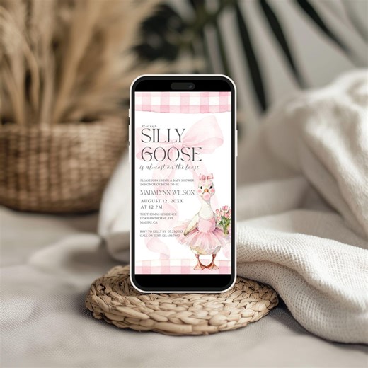 Silly Goose Baby Shower Text Message Invitation | Pink Coquette Bow Goose Shower Evite | A New Silly Goose is Almost on the Loose | Canva - Etsy
