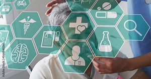 Animation of medical icons over diverse doctor and patient using oxygen mask