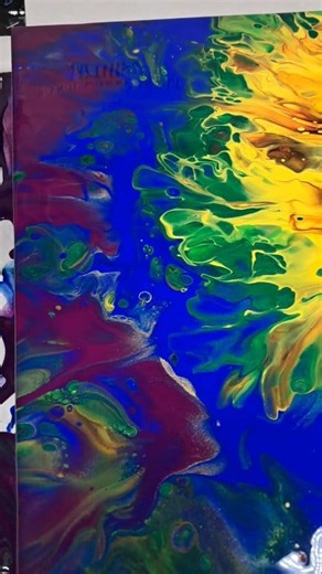 This is the first time using this color combo, after the standard sunflower colors (black, burnt sienna, red ochre, vermillion, dandelion yellow, lemon yellow) I added metallic emerald, ultramarine blue, a hint of 24k gold, and deep violet. #pppaintpours #acrylicpaintpouring #fluidartwork #fluidartist #artist #abstractartist #sunflower #availablenow #lovewhatyoudo #sunflowers | Donelle Gale