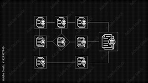 Database schema diagram with interconnected documents and building on black background data flow document building network diagram
